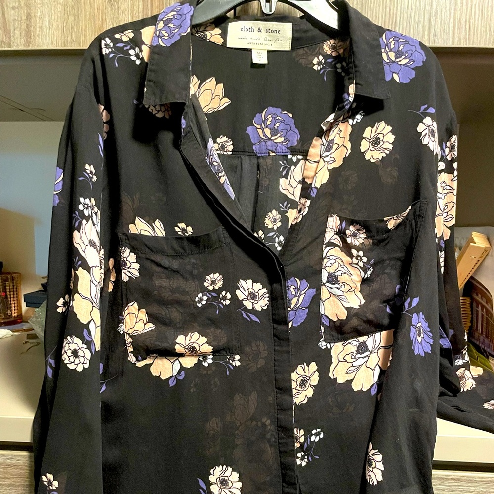 Semi sheer floral button down soft romantic long sleeve collared top blouse